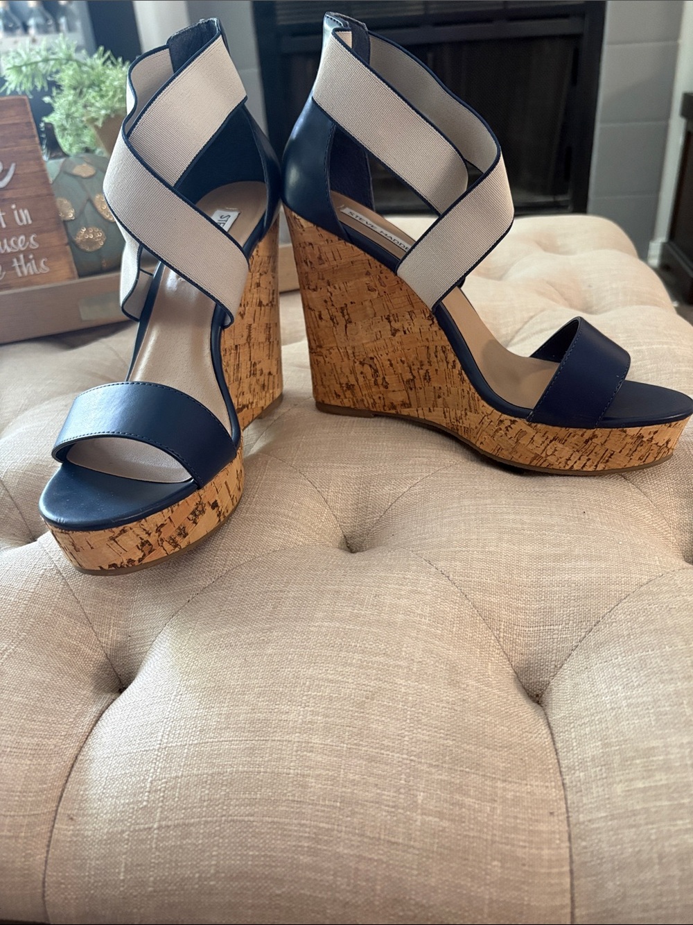 Steve Madden Navy and Cream Cork Wedge Sandals